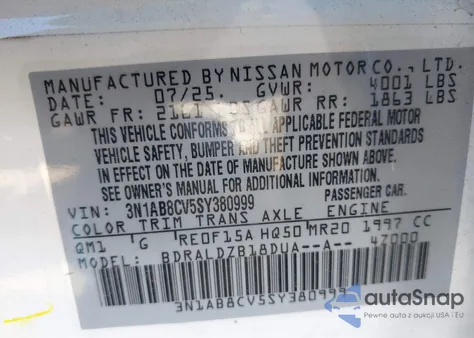 2025 Nissan Sentra Sv from USA, damaged, VIN 3N1AB8CV5SY380999